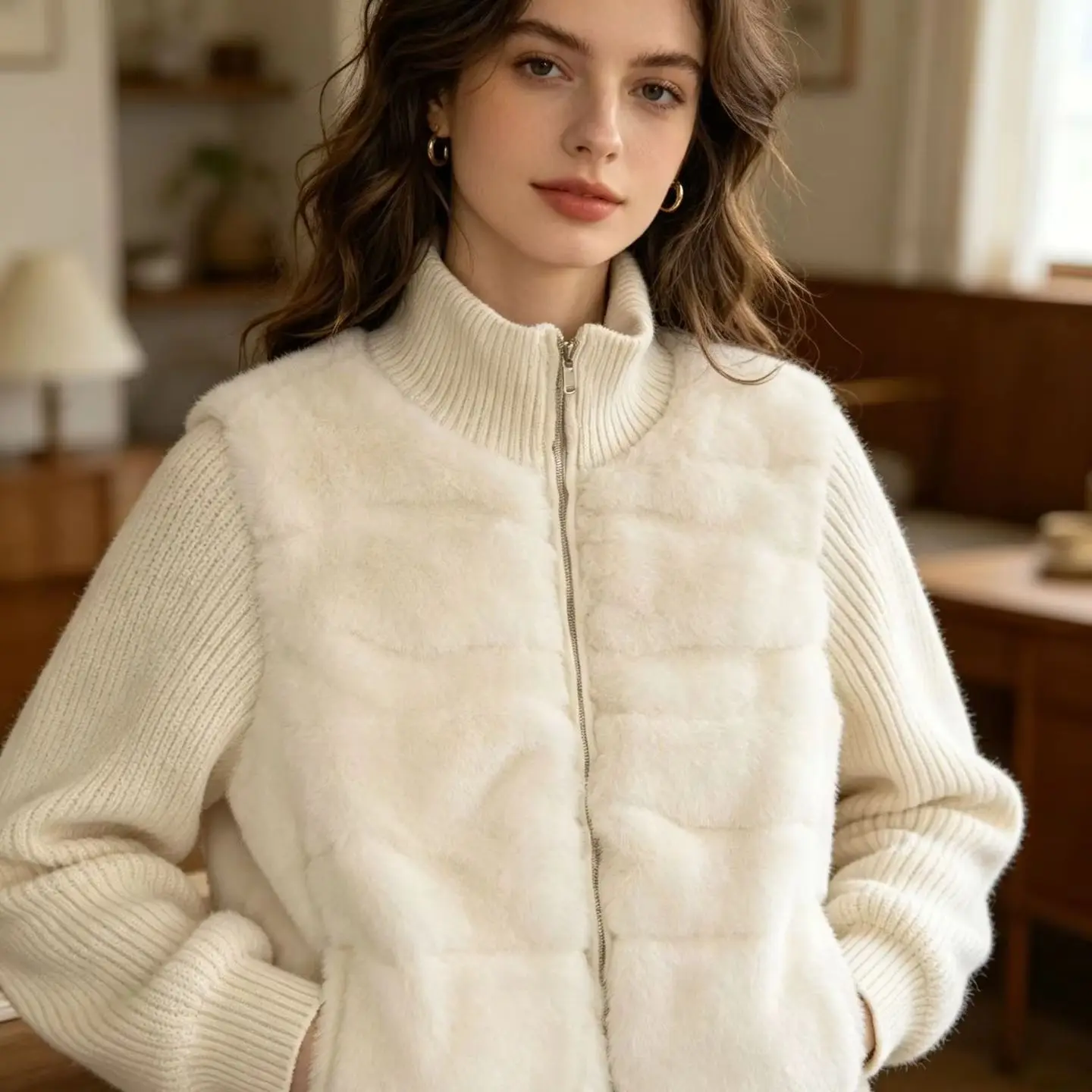 Women Knit‑Spliced Faux‑Mink‑Fur Padded Cropped Outerwear For Winter Street Office Commuter Daily Casual Wear Women's Jacket