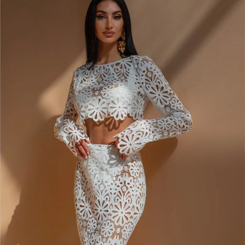 Women Sexy Lace Hollow Out Short Top Skirt Two Piece Sets Female Casual Beach Vacation Fashion New Elegant Slim Summer Dress Set