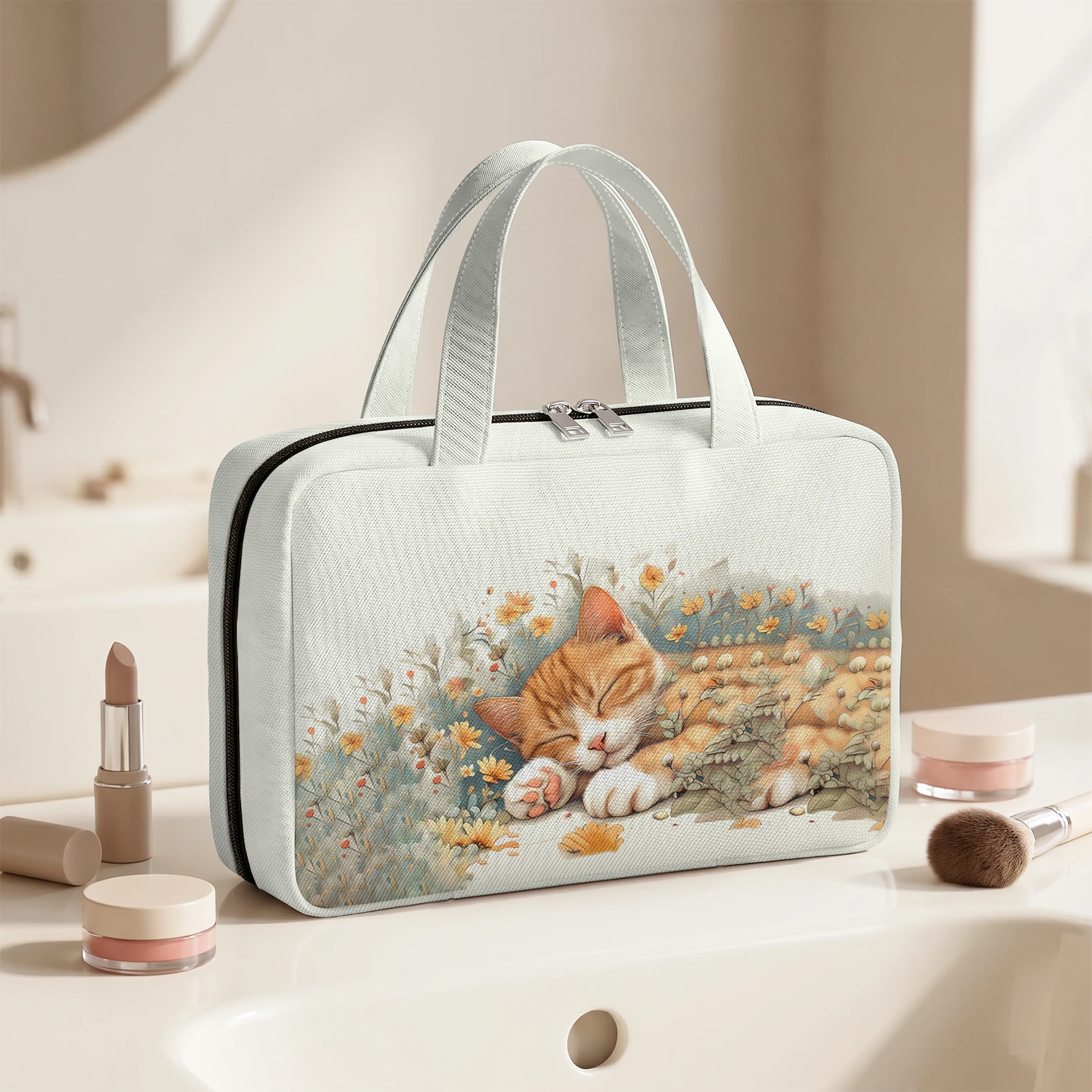 Cream Sleeping Orange Cat Floral Print Hanging Cosmetic Bag Foldable Handheld Multi Pocket Toiletry Bag for Travel Daily Use
