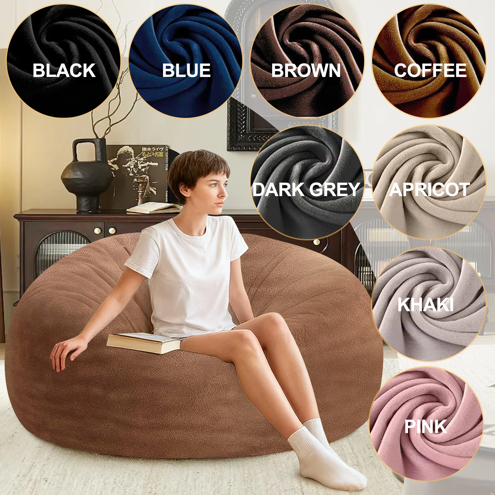 大人サイズの巨大なビーンバッグソファベッド、ビーンバッグチェア、柔らかいフランネル生地、学生用レジャーチェア、ブラウン