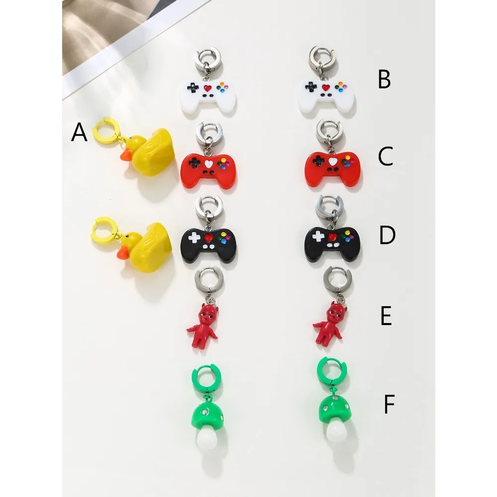 1pair Kiddy Cute Duck Mushroom Earrings Resin Colored Game Console Handle Little Red Earrings Jewelry