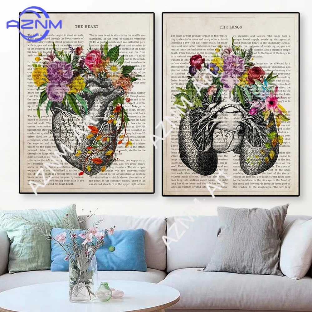 Vintage Human Anatomy Flowers Art Poster Print Canvas Painting Medical Heart Anatomy Wall Picture For Hospital Clinic Decor