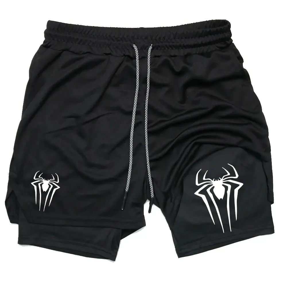 Men\'s sports shorts, spider print compression shorts, informal, training, running, 2-in-1, Y2K