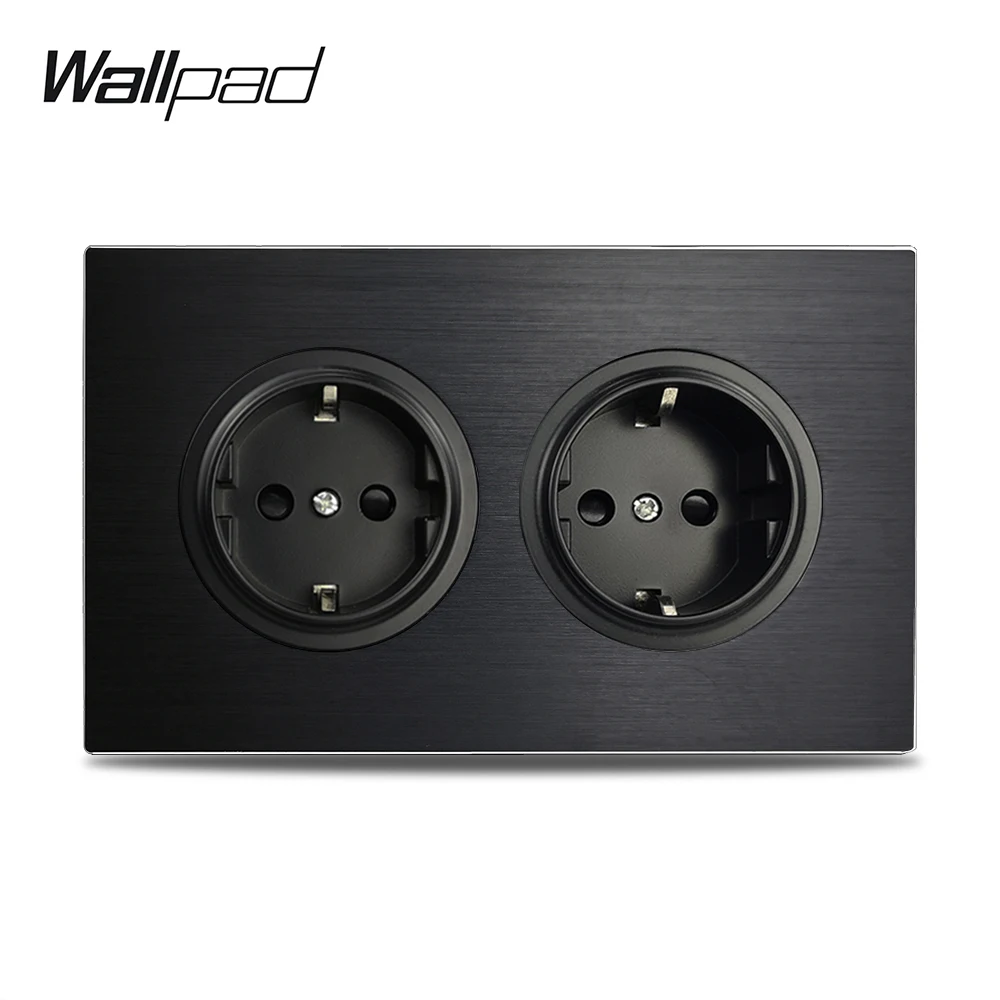 Double EU Wall Socket Matte Black Aluminum Frame Electrical Power Outlet, 146 * 86 mm Brushed Metal Panel, Wallpad L6