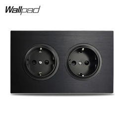 Double EU Wall Socket Matte Black Aluminum Frame Electrical Power Outlet, 146 * 86 mm Brushed Metal Panel, Wallpad L6