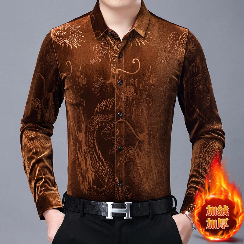 Mens Thick Gold Velvet Clothing 2024 Winter China Dragon Pattern Thermal Shirts Single Breasted Warm Velvet Inside Dress Shirts