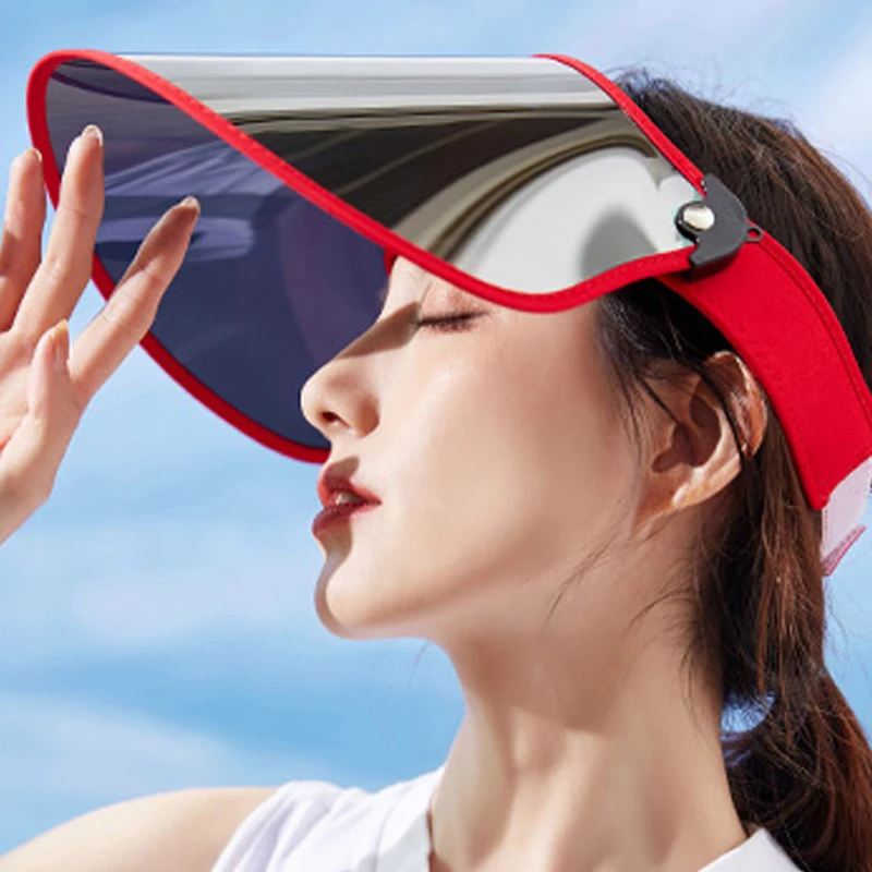 

Outdoor UV Protection Sun Visor Hat Red Headband with Silver Lenses Plastic PVC Empty Top Hats Sport Golf Caps for Men and Women
