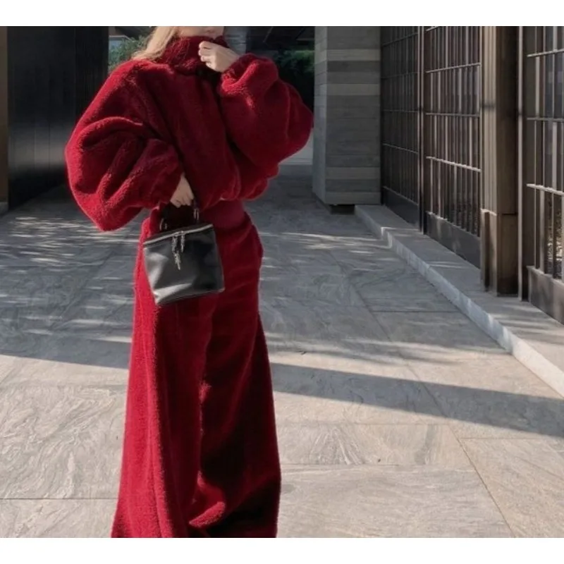 

Casual Suit Red Lapel Fleece Jacket Winter High Waist Warm Two-piece Set