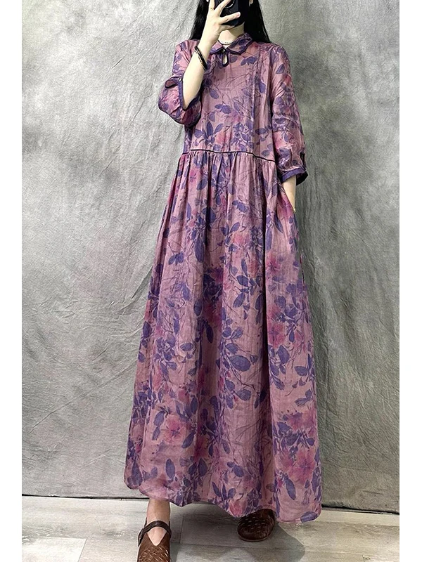 ชุดเดรสผ้าลินินพิมพ์ลายดอกไม้สไตล์วินเทจสำหรับผู้หญิง ทรงหลวม ผ้าฝ้ายผสมลินิน ช่วยพรางหุ่น กระดุมดีไซน์เก๋ ทรงเอไลน์