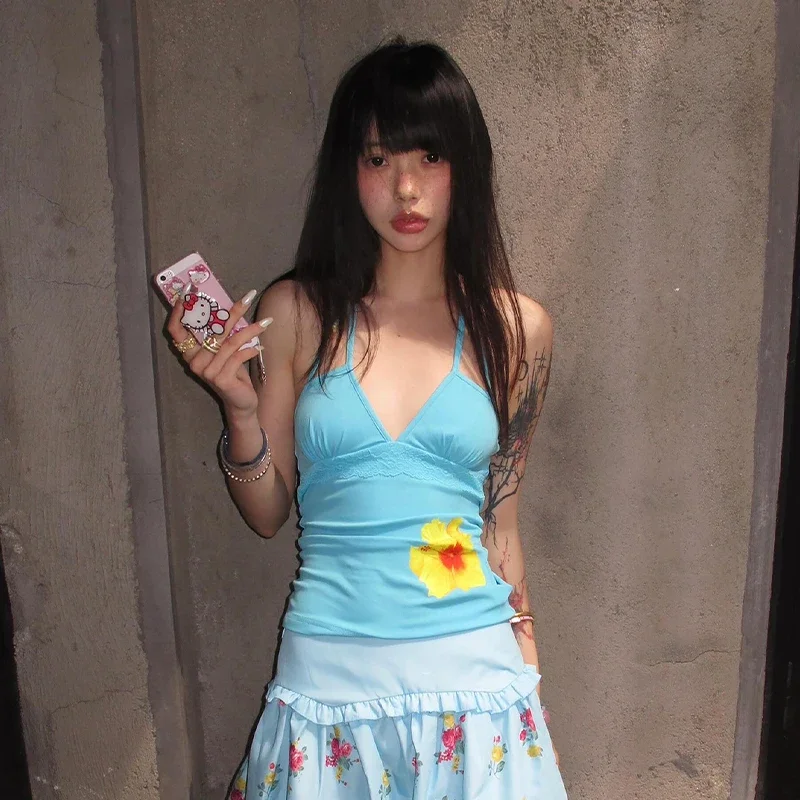 여성용 꽃무늬 프린트 홀터넥 V넥 섹시한 여름 휴가 민소매 캐미솔 탑