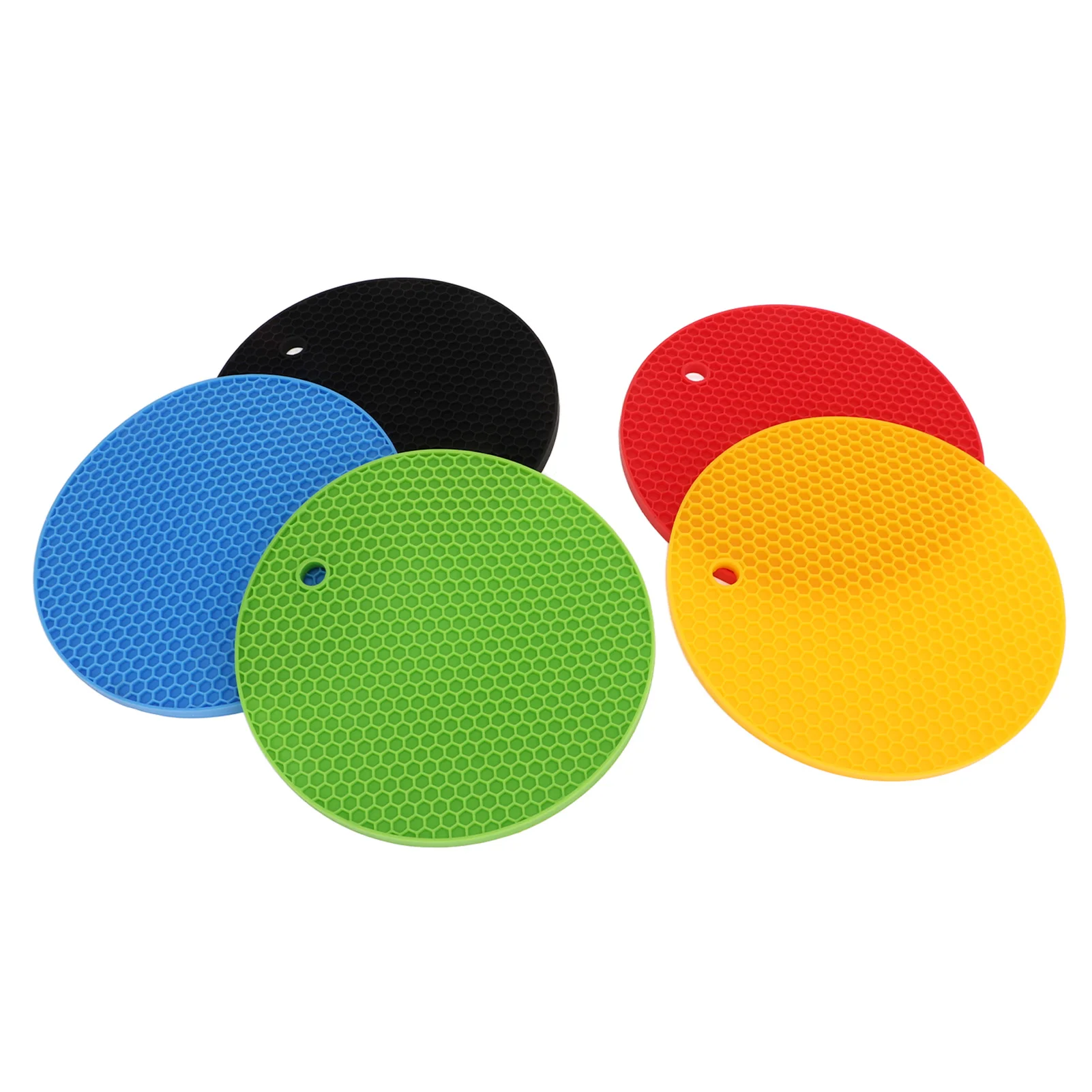 5pcs Round 7 Inch Silicone Trivet Mat Heat Resistant Silicone Pot Holders Yellow Black Red Blue Green 7 Inch Silicone Trivet Mat