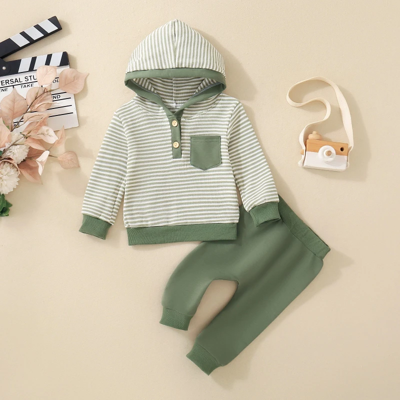 

Unisex Baby Striped Hooded Set for Spring & Autumn: Waffle Knit Long-Sleeve Top & Pants, Cozy Outfit for Kids' Christmas Outings