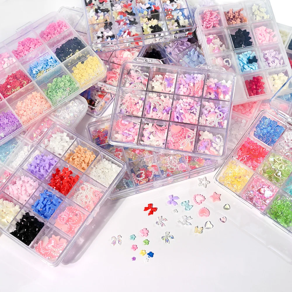 12Grids/box Mixed Resin Bowknot Nail Art Decorations 3D Kawaii Colorful Bow Rhinestone Acrylic Nail Charms DIY Manicure Tools