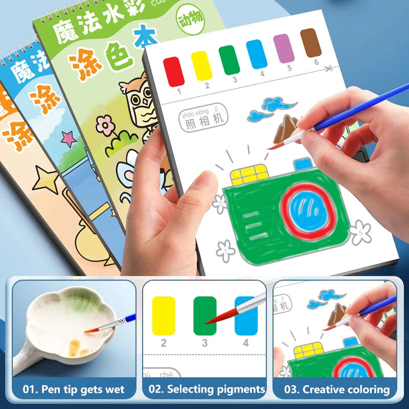 16 Pages Gouache Painting Book, Portable Children Education Coloring Book, Montessori Watercolor Paper With Paint Toy For Kids