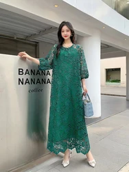 2024 New Spring Autumn Women O-Neck Puff Sleeve Loose Long Dress High Quality Elegant Hook Flower Hollow Chemical Lace Dress