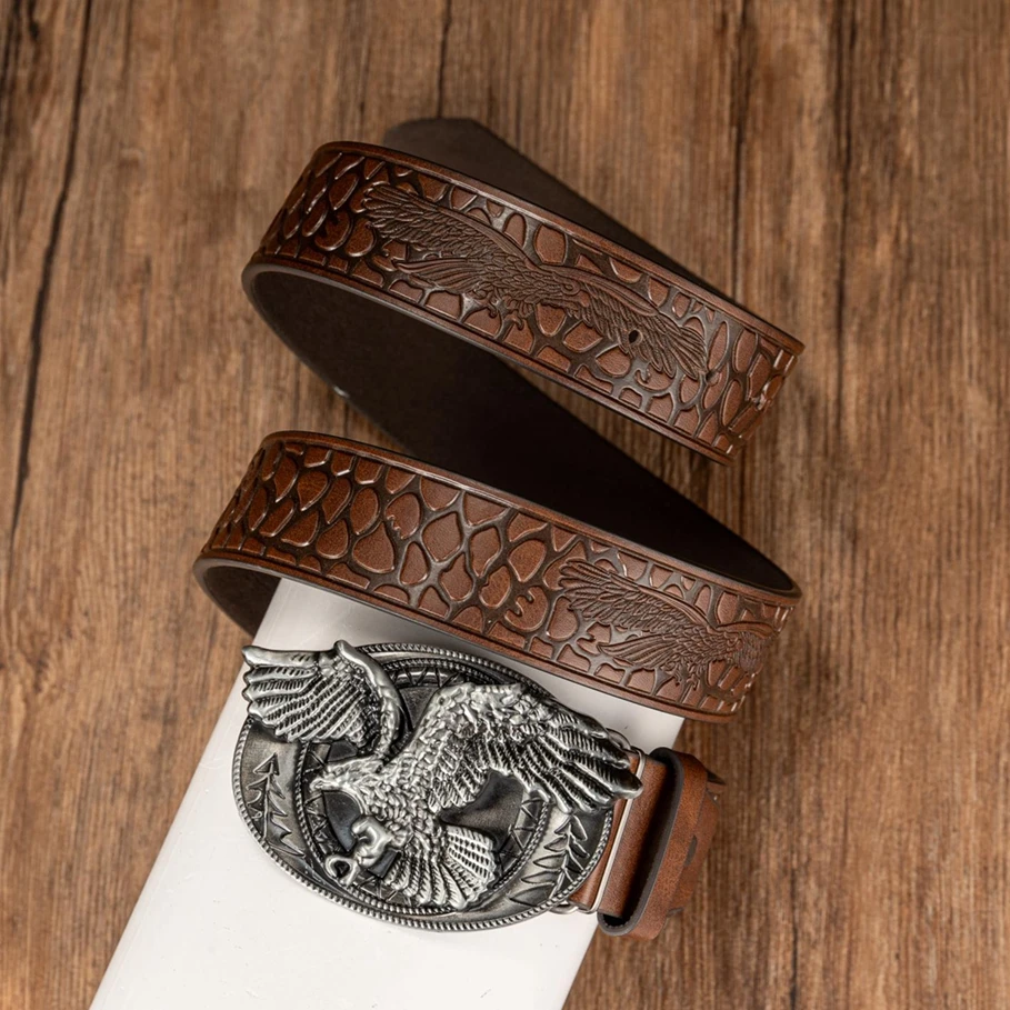 1 Oval Winged Eagle Buckle Personalized and Trendy Belt with Spotted Winged Eagle PU Embossed Belt