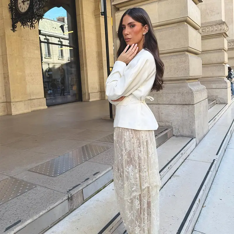 Modische Transparente Bedruckte Damenhose Strand-Spitzen-Patchwork Plissierte Schnürhose für Damen 2026 Sommer Herbst Damen-Unterteil Neu – Detail 6