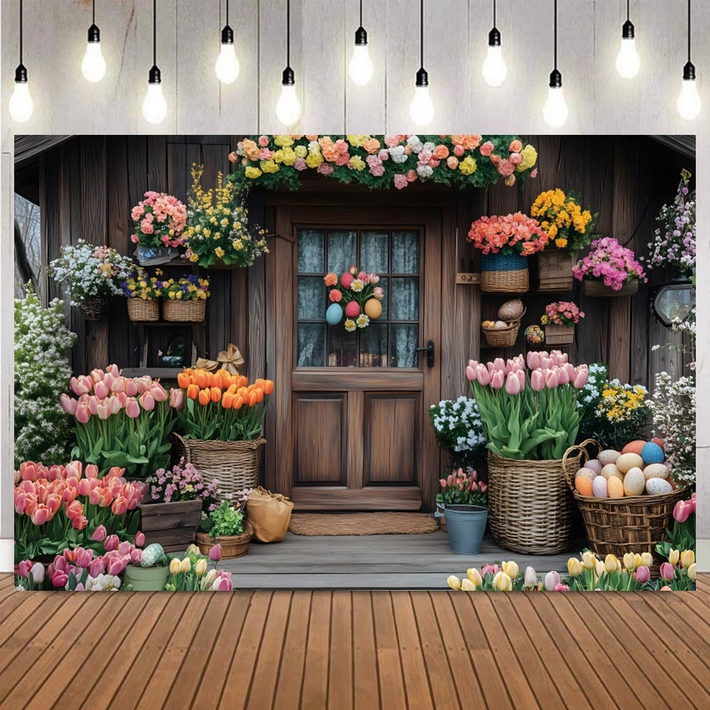 Easter Bunny Spring Floral Egg Wooden Crate Photography Background Photo Backdrop for Baby Portrait Birthday Party Studio Props