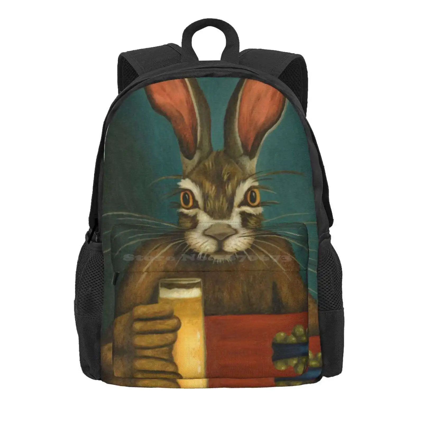 Bunny Hops Hot Sale Schoolbag Backpack Fashion Bags Bunny Rabbit Easter Funny Hops Drinking Beer Humor Hare Olives