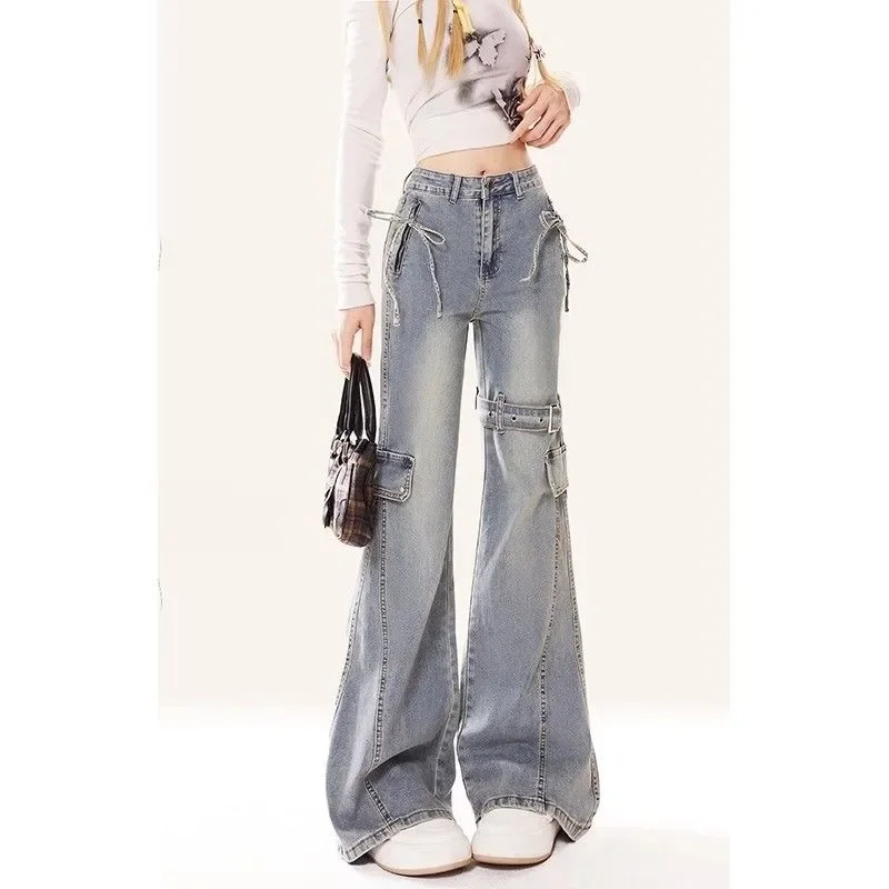 IMU IUM American retro spicy girl tie up workwear jeans women's autumn niche design slim fit and slimming micro flared long pant