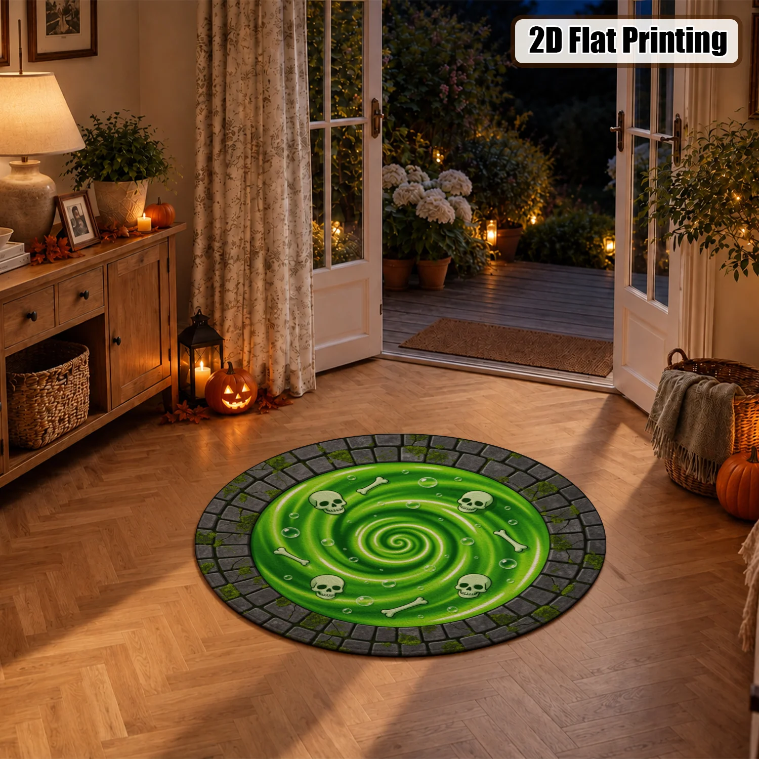 Green Spiral Skull Bone Pattern Round Velvet Rug, Machine Washable Soft Floor Mat, Stays Firmly In Place, Suitable for Living Room, Bedroom, Entryway, Porch, Halloween Thanksgiving Christmas New Year Holiday Decor