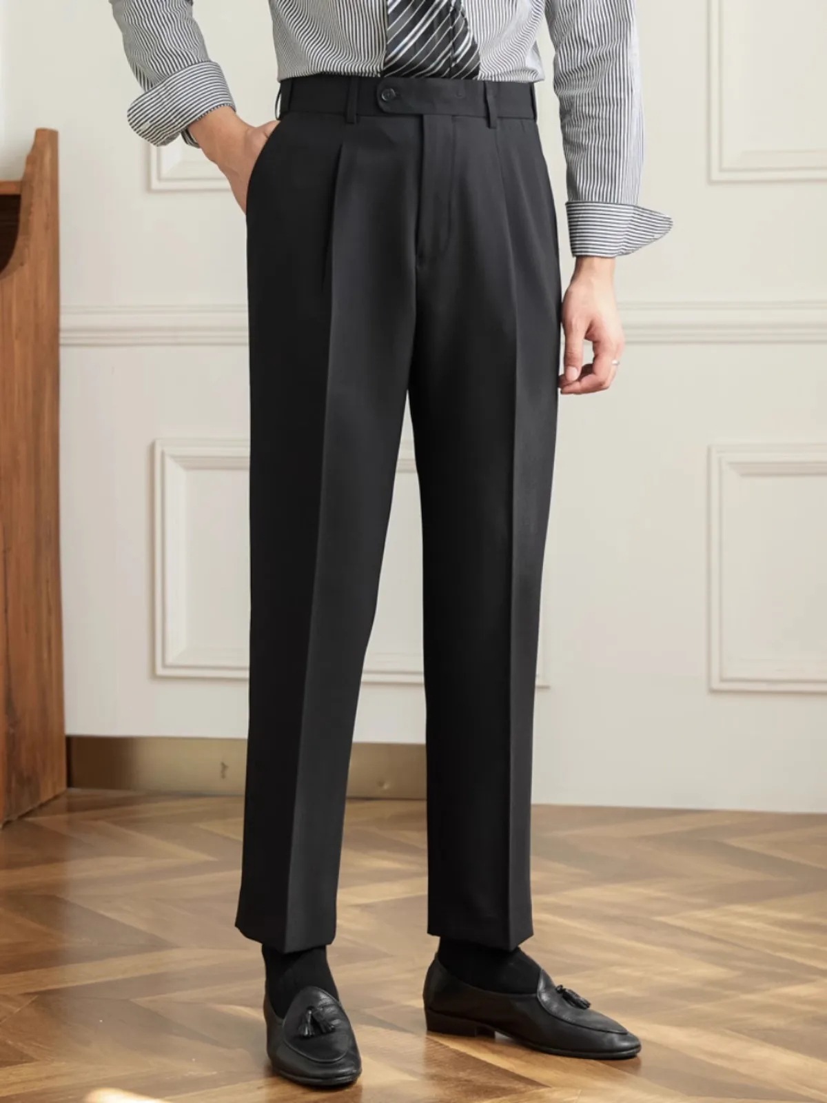 

Men's Retro Casual Pants | Naples Style Dress Trousers | Slim Fit Mid-High Waist | No Iron Commuter Office Wear