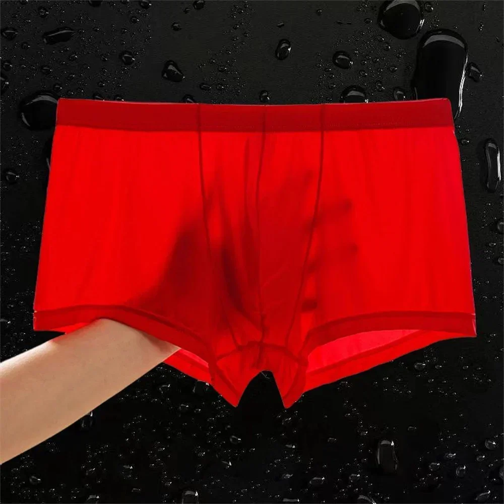 رقيقة جدا الحرير الجليد الملاكمين الرجال سلس مثير الملابس الداخلية شبه شفافة جذع السراويل خفيفة الوزن حجم كبير M-5XL التجفيف السريع