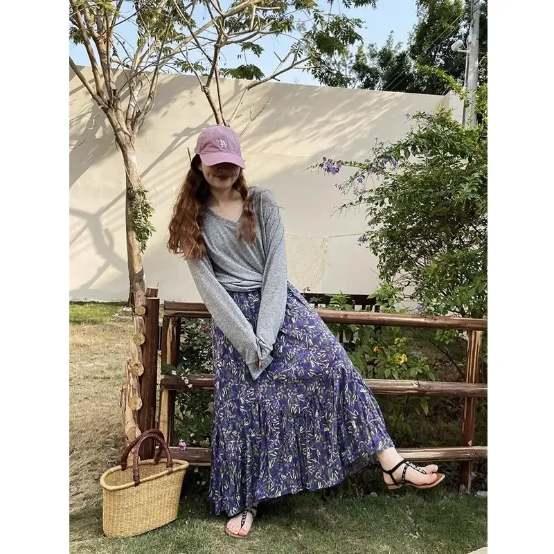 Femmes jupe violet en mousseline de soie florale jupes mi-longues 2025 été nouveau tempérament rétro maigre plissé mode coréenne vêtements