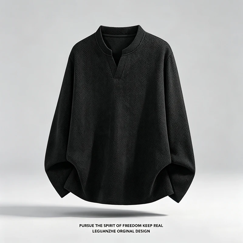 Herren-T-Shirt mit V-Ausschnitt, Fischgrätmuster, langen Ärmeln, einfarbig, lockerer Oversize-Schnitt, weich, lässig, Pullover-Stil. – Detail 6