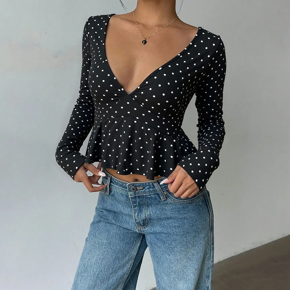 

Женская футболка KIDCRKJ в винтажном стиле в горошек, с глубоким V-образным вырезом, приталенная, с длинным рукавом, облегающий топ для женщин, сексуальная облегающая футболка для леди