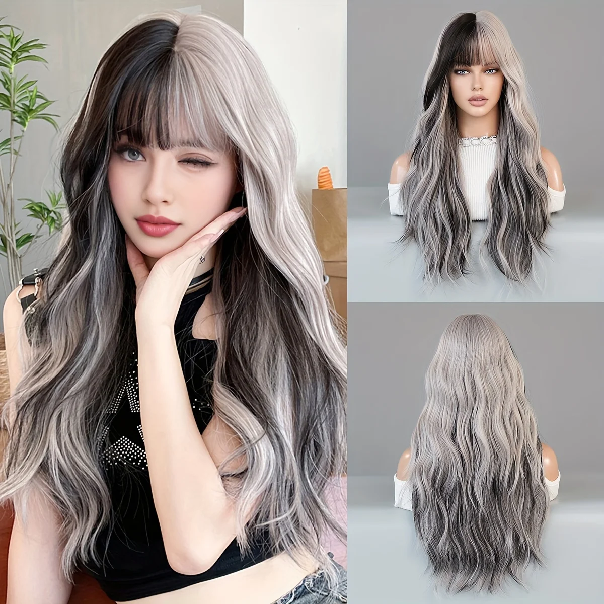 

Серебристо-серый длинный волнистый синтетический парик с челкой, объемный и блестящий, подходит для повседневной носки и вечеринок на Хэллоуин.