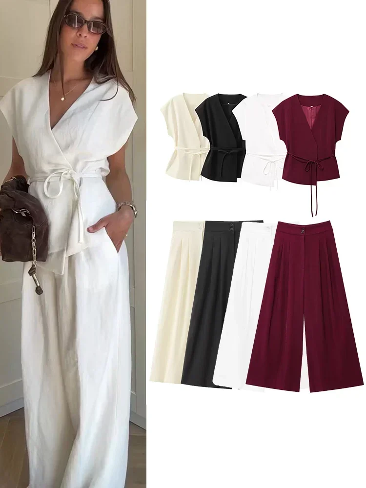 

DGTQYQ Fashion Women's Trouser Suits Sleeveless V-Neck Top With Belt Straight Pants Sets 2025 Spring Summer Commuter 2 Piece Set