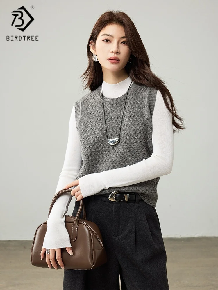 

Вязаный жилет Birdtree из 100% овечьей шерсти, женские жаккардовые модные однотонные топы без рукавов, осенний свободный жилет 2025, серый, белыйT59009JF