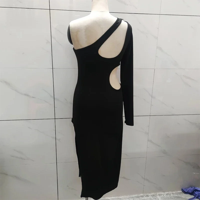 Vestido de cetim assimétrico feminino, saia de fenda sexy, rua chique, zíper lateral, vestido de festa, manga comprida, Y2k, feminino