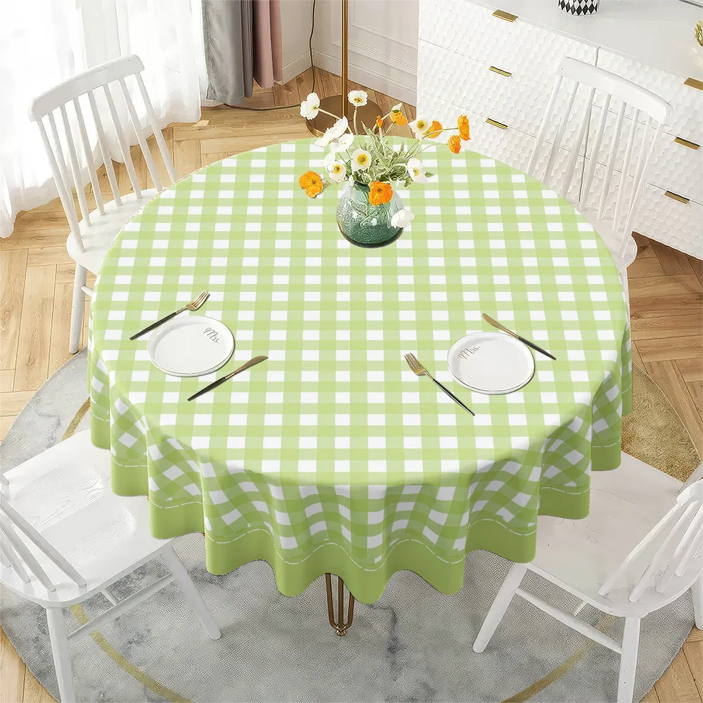 One fresh light green checkered round tablecloth for a country-style dining table decorationzyc