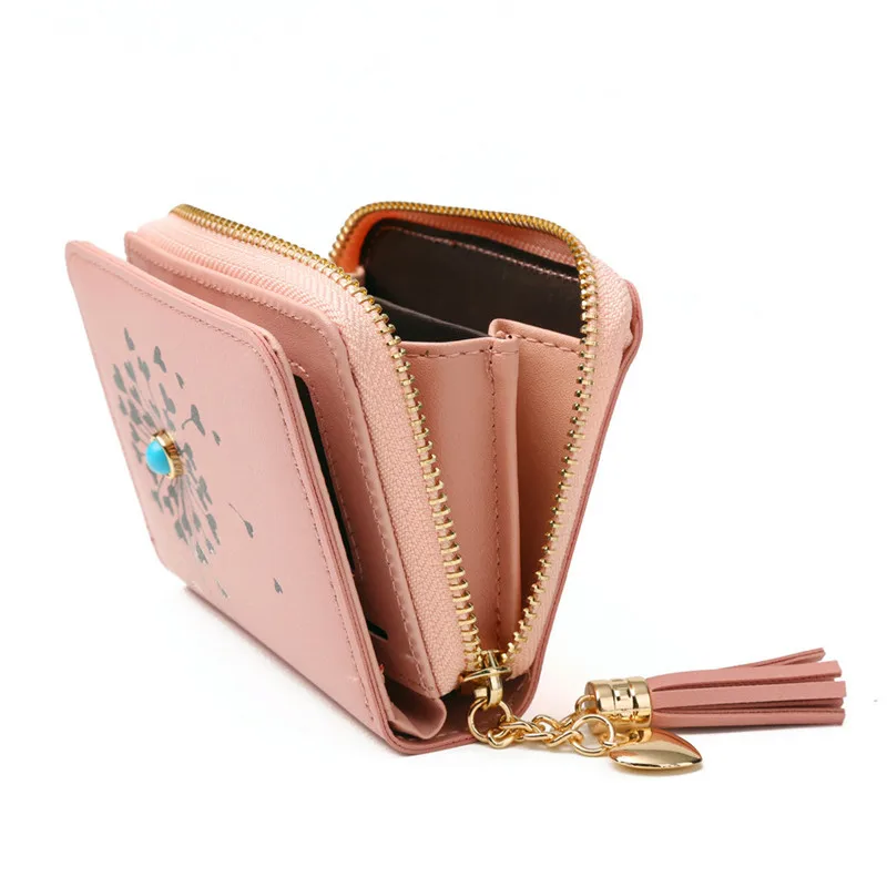 Women PU Leather Multi-card Wallet with Tassels Printing Fresh Short Card Holder Large Capacity Multifunctional Mini Handy Bag