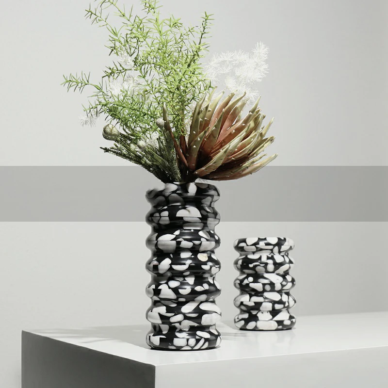 Modern Black And White Spotted Marble Circle Layer Vase Home Living Room Dining Table Soft Decoration Desktop Accessories