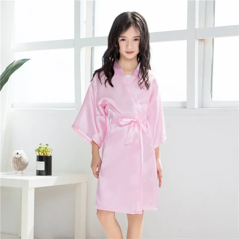 Girls Satin Kimono Robe Kids Solid Color Bathrobe with Belt Flower Girl Spa Birthday Party Sleepover Robe for Wedding