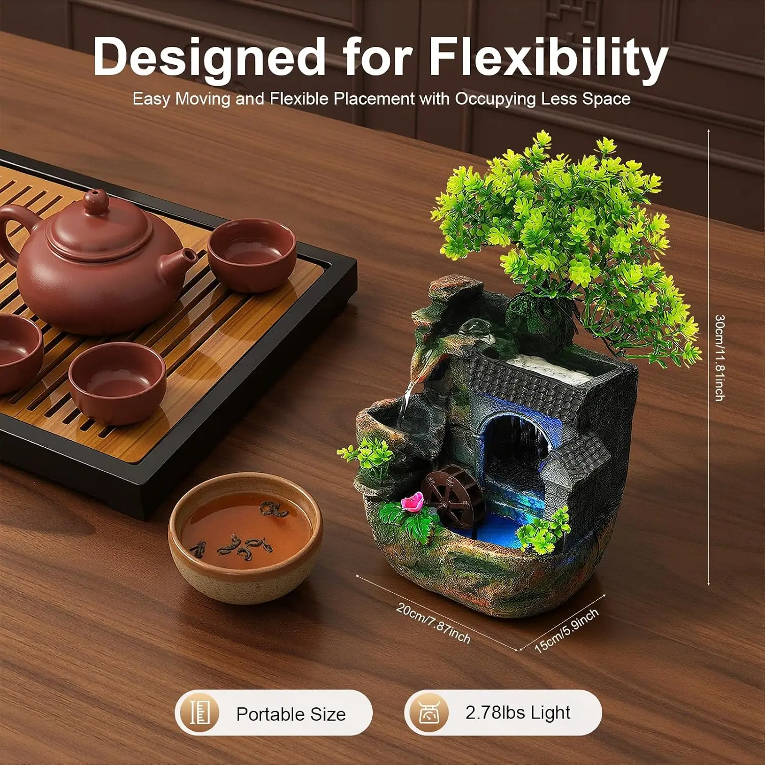 Indoor Resin Rockery Water Fountain for Desk, Tabletop Waterfall with Artificial Bonsai Tree, LED-Lighted Desktop Fountain & Pump, Meditation Relaxation Decor for Office