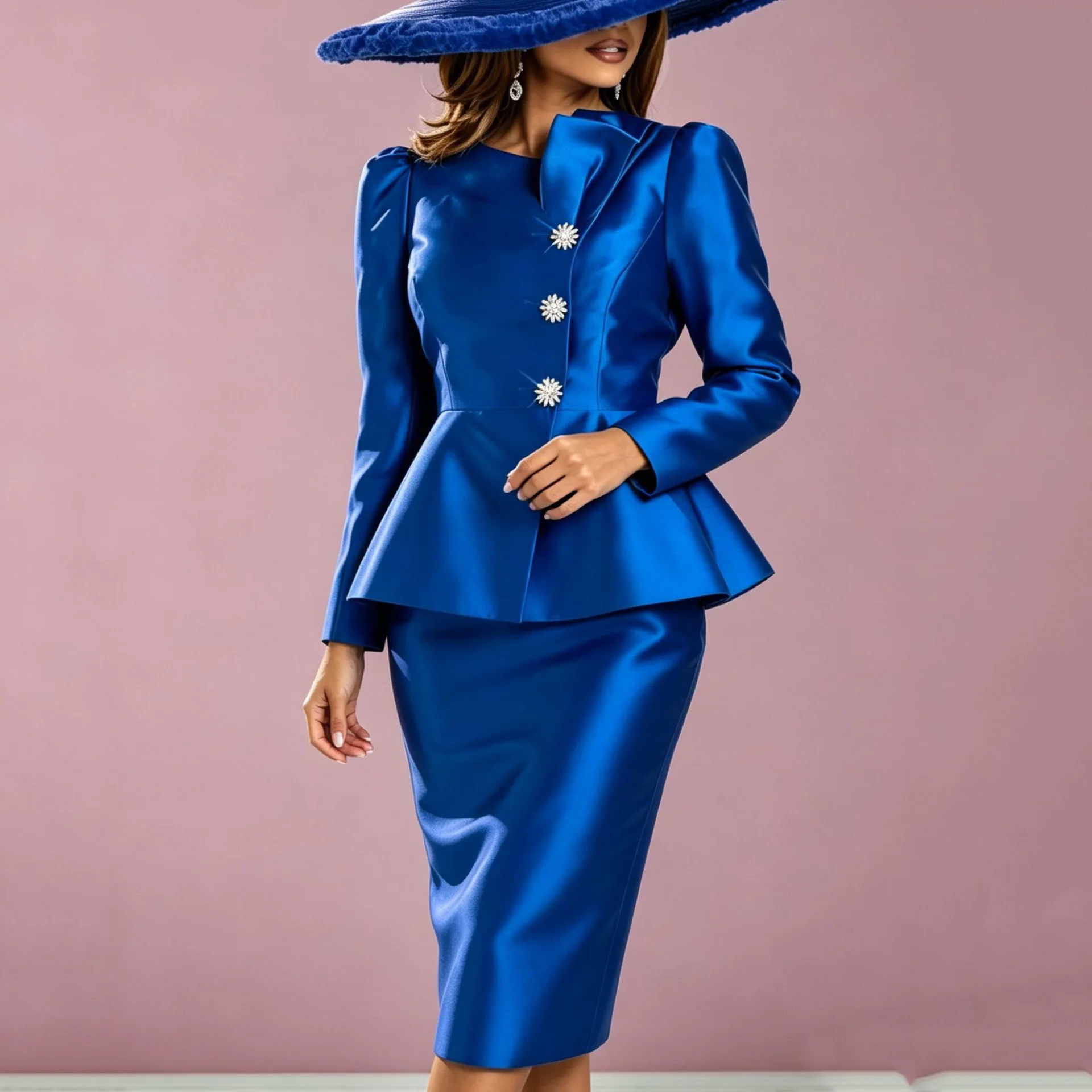 Elegant Women 2 Pieces Skirts Sets Clothes for African Ladies Blue Solid Blouse Single Breasted Full Sleeve Tops & Skirts Sets