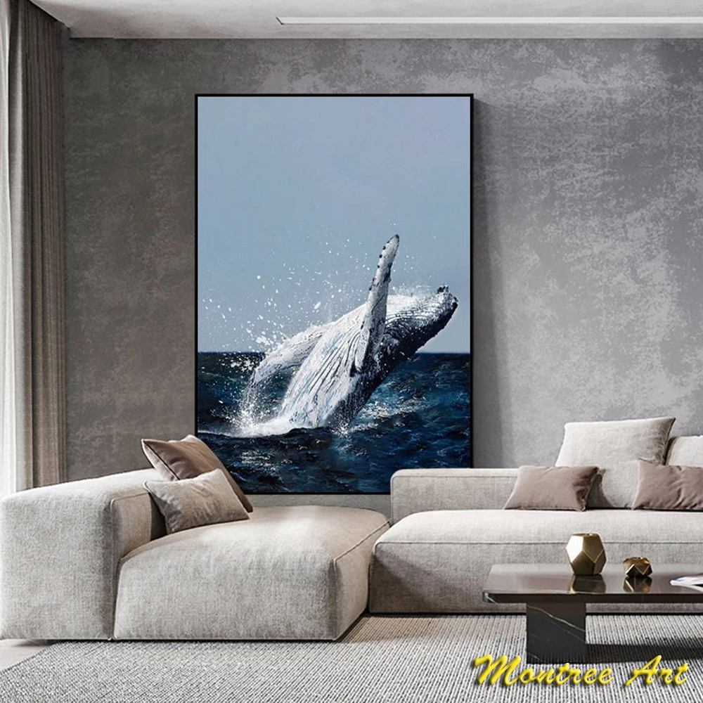 Hand Painted Oil Painting Original Humpback Whale Oil Painting Large Abstract Ocean Canvas Wall Art Modern Animal Wall Art Decor