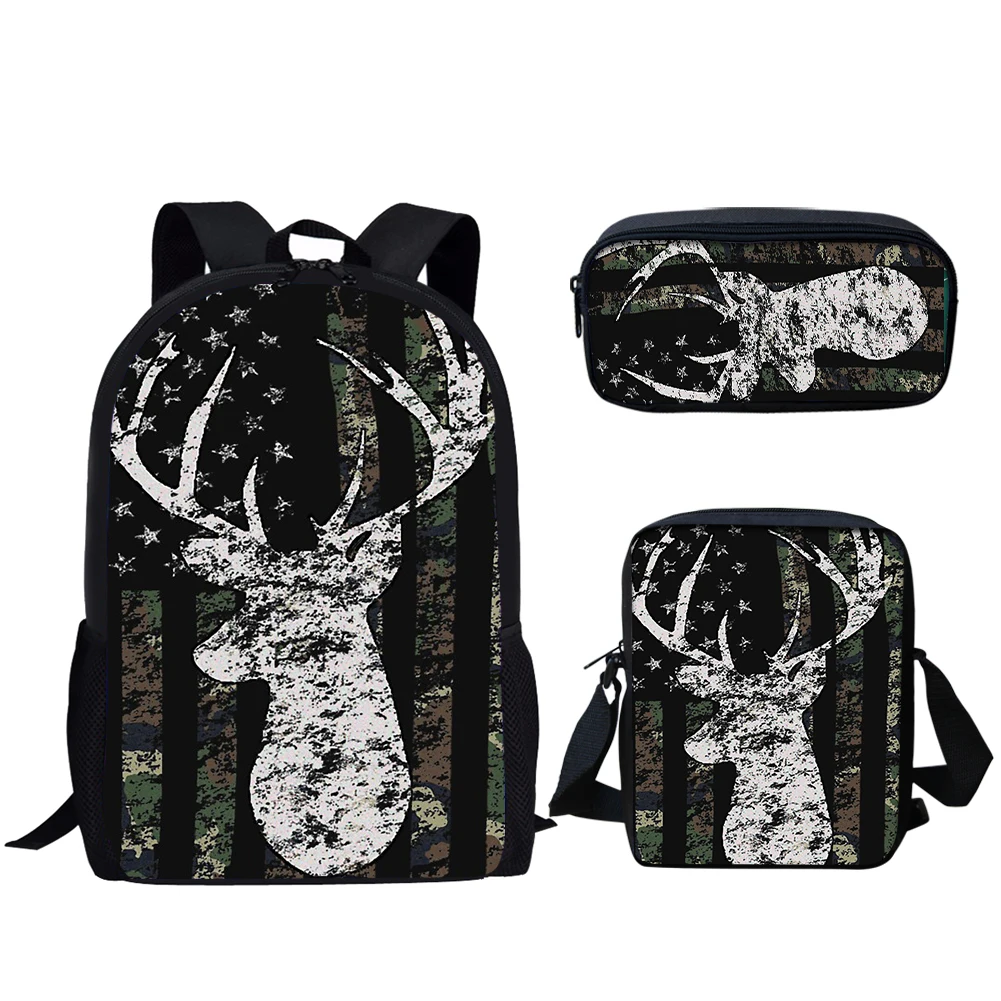 Belidome 3PCS School Backpacks for Teen Boys Camo Hunting Deer American Flag Skull School Bags Set Kid Book Bags Mochila Escolar