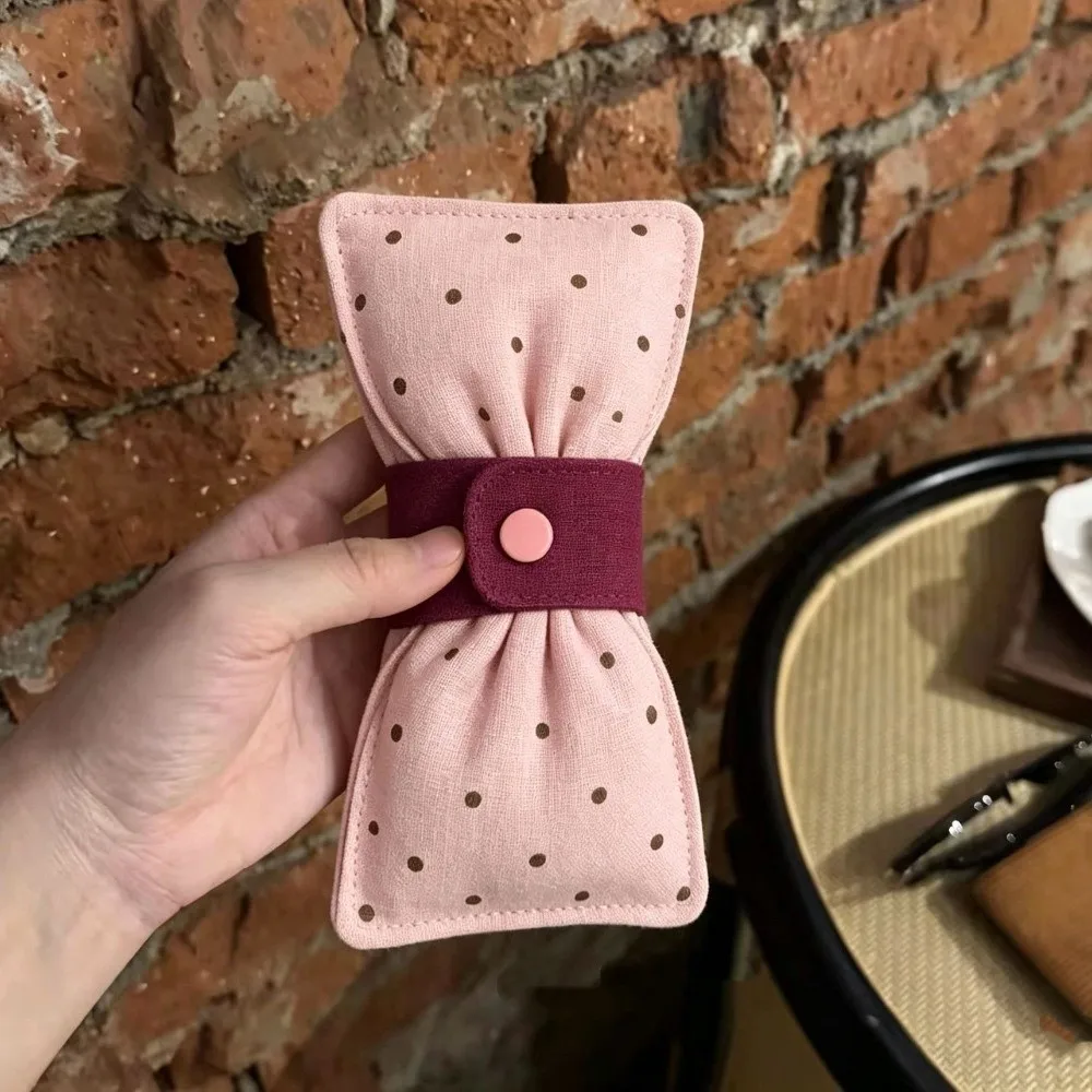 Bow Tie Shape Polka Dot Eyeglass Case Pink Color Snap Button Closure Sunglasses Pouch Compact Design Soft Material Eyewear Case
