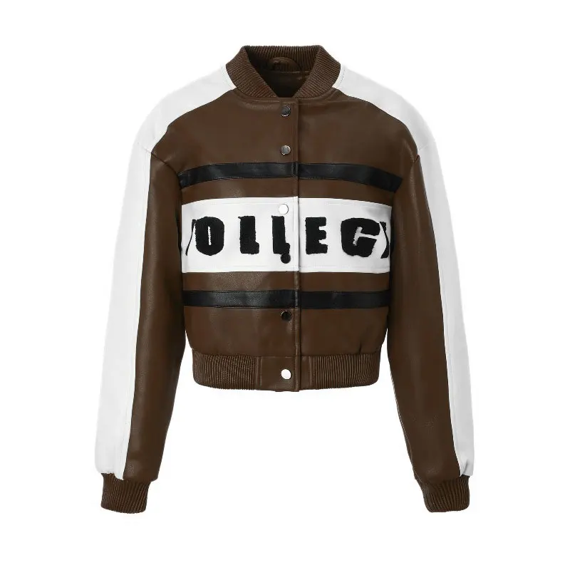 Veste de luxe en cuir PU brodé pour femmes, blouson bombardier contrasté, manteaux courts en cuir pour motard, vêtements d'extérieur de course pour femmes