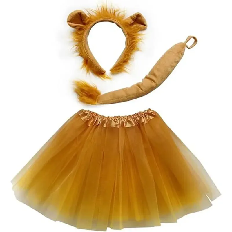 Kostium na Halloween Zwierzę Lew Tiulowa Spódniczka Uszy Opaska na Głowę Ogon Przebranie Zestaw Kostiumowy dla Młodzieży Dzieci Dorosłych Cosplay Boże Narodzenie