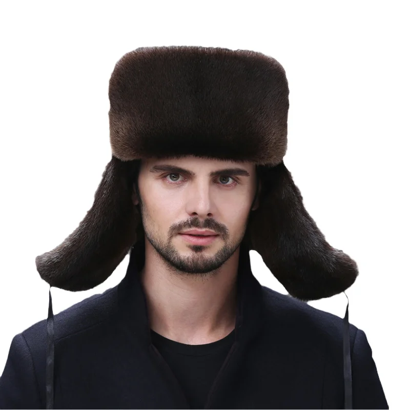 

Hot Sale Men's Winter Fur Hats Real Natural Mink Fur Male Ushanka Bomber Bonnet Warm Fashion Genuine Leather Ski Earflap Beanies