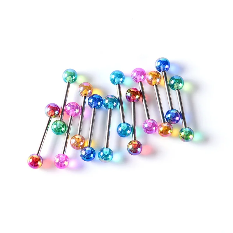 6Pcs Mixed Color Acrylic Ball Tongue Rings Piercing Stainless Steel Barbell Tongue Piercing Jewelry For Woman and Man