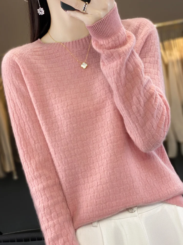 Pull en laine australienne pour femme, pull à col rond, pull à carreaux avec beaucoup de gaufre, pull basique, haut à la mode, automne et hiver 100%