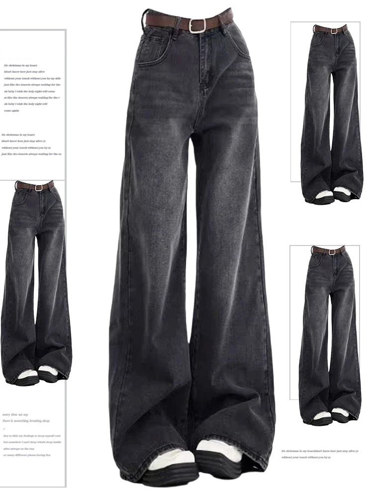 

Большие размеры, высокая талия, на подкладке, американские джинсы, женские осенне-зимние свободные широкие брюки длиной до пола, утягивающие брюки
