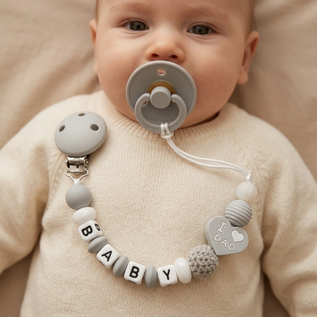 Personalized Pacifier Clip Custom Name Silicone Teether Chain BPA Free Handmade Dummy Holder I Love Dad Grey Baby Shower Gift